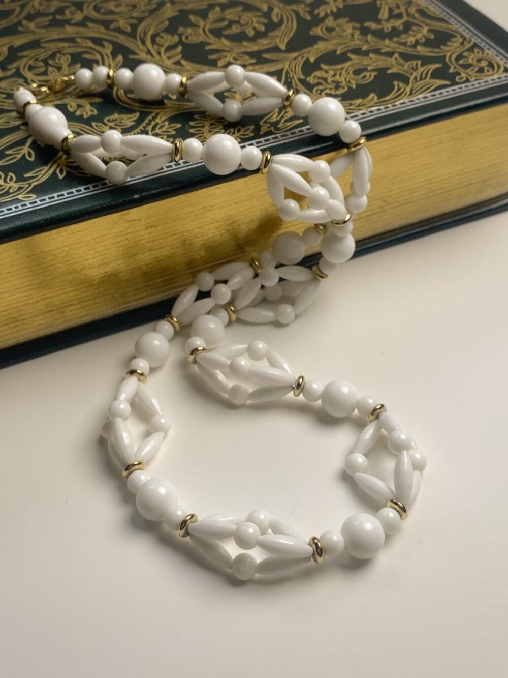 Vintage Trifari 29" White Lucite Beaded Gold Accent Long Flapper Style Necklace